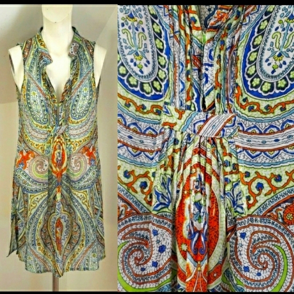 Zara Basic Semi-sheer Pasley Multicolor Print Sleeveless Silky Dress, Size S.